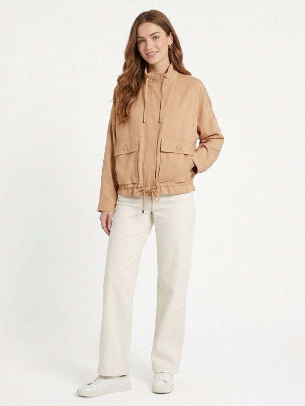 Forever Audrey Utility Jacket Women L Tan Brown Rayon Drawstring Cargo Safari